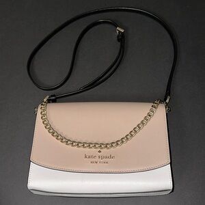 Kate Spade Tan and White Crossbody Bag with Silver Chain